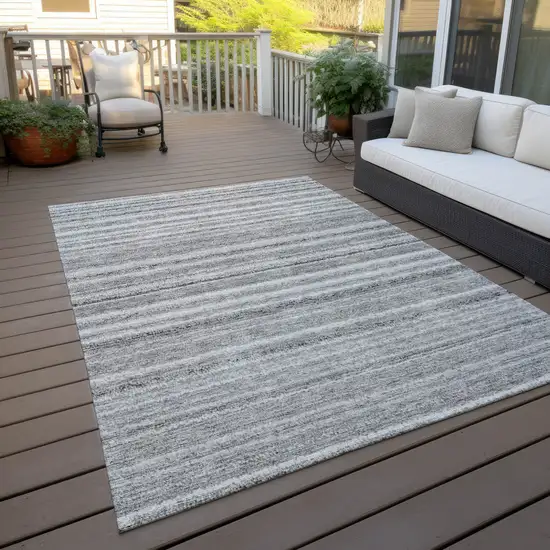 Gray Silver And Charcoal Striped Washable Indoor Outdoor Area Rug Photo 8