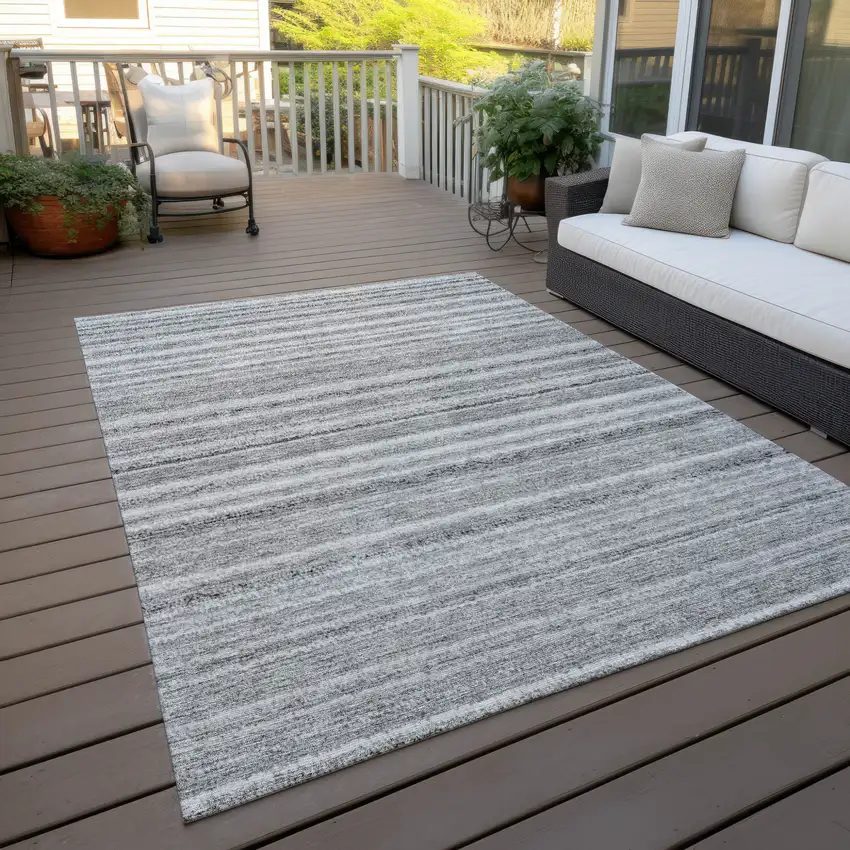 Gray Silver And Charcoal Striped Washable Indoor Outdoor Area Rug Photo 9