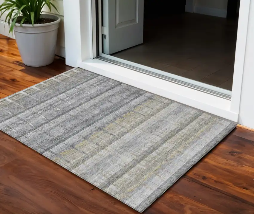 Gray Silver And Charcoal Striped Washable Indoor Outdoor Area Rug Photo 1
