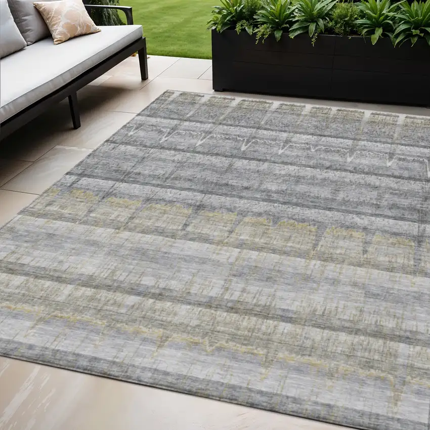 Gray Silver And Charcoal Striped Washable Indoor Outdoor Area Rug Photo 1