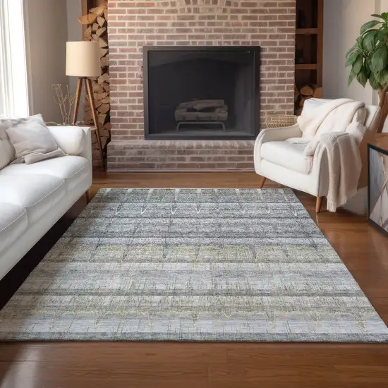 Gray Silver And Charcoal Striped Washable Indoor Outdoor Area Rug Photo 6