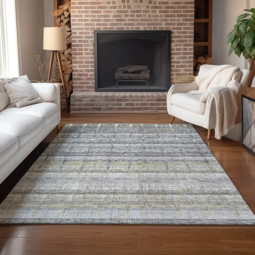 Gray Silver And Charcoal Striped Washable Indoor Outdoor Area Rug Photo 6