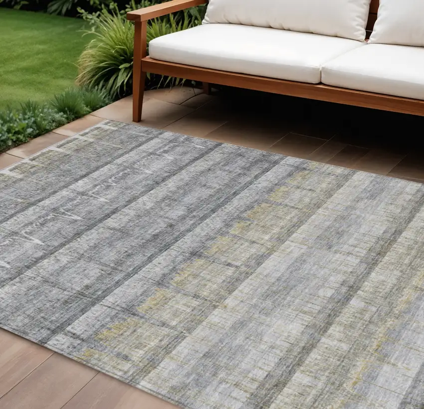 Gray Silver And Charcoal Striped Washable Indoor Outdoor Area Rug Photo 1