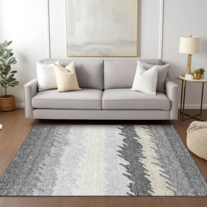 Gray Silver And Charcoal Striped Washable Indoor Outdoor Area Rug Photo 7