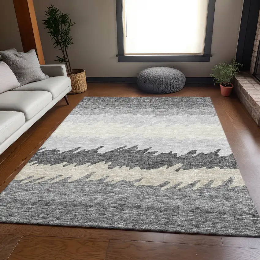 Gray Silver And Charcoal Striped Washable Indoor Outdoor Area Rug Photo 6