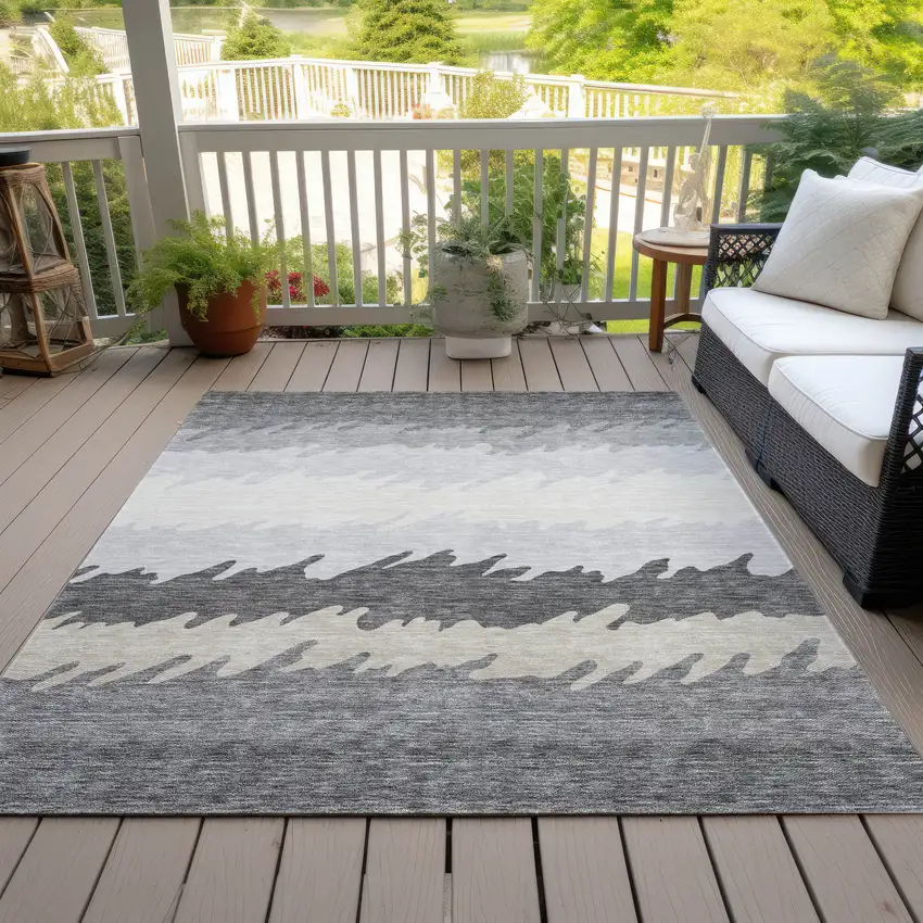Gray Silver And Charcoal Striped Washable Indoor Outdoor Area Rug Photo 5