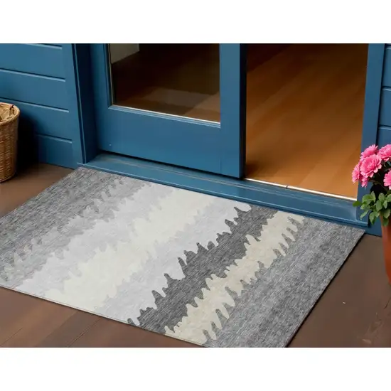 Gray Silver And Charcoal Striped Washable Indoor Outdoor Area Rug Photo 1