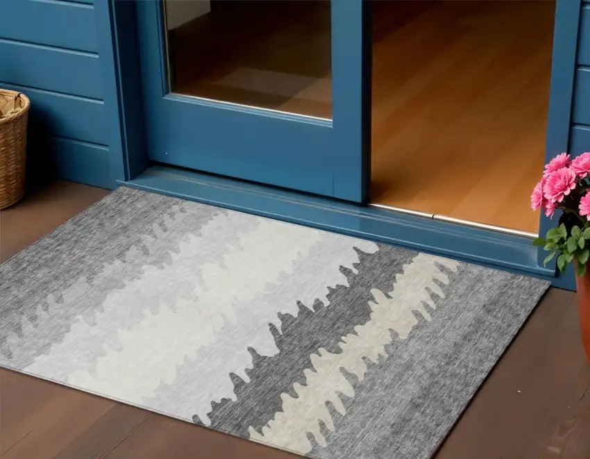 Gray Silver And Charcoal Striped Washable Indoor Outdoor Area Rug Photo 1