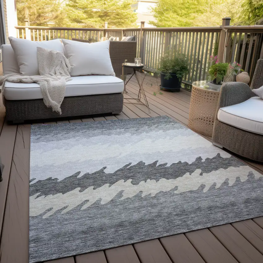 Gray Silver And Charcoal Striped Washable Indoor Outdoor Area Rug Photo 8