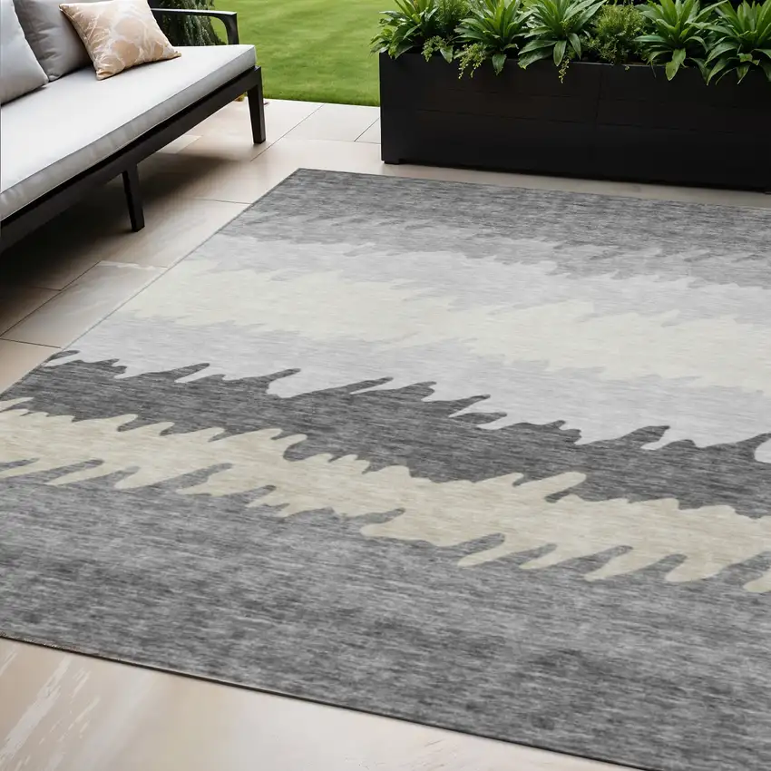 Gray Silver And Charcoal Striped Washable Indoor Outdoor Area Rug Photo 1