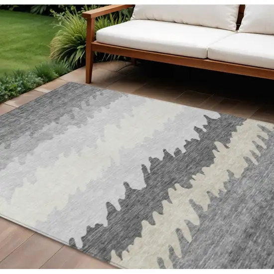 Gray Silver And Charcoal Striped Washable Indoor Outdoor Area Rug Photo 1