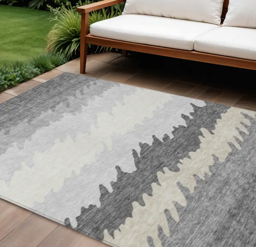 Gray Silver And Charcoal Striped Washable Indoor Outdoor Area Rug Photo 1