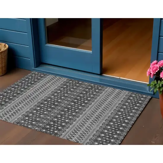 Gray Silver And Charcoal Tribal Washable Indoor Outdoor Area Rug Photo 1