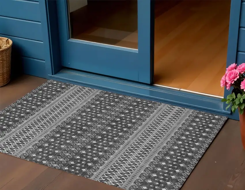Gray Silver And Charcoal Tribal Washable Indoor Outdoor Area Rug Photo 1