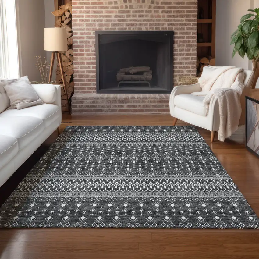 Gray Silver And Charcoal Tribal Washable Indoor Outdoor Area Rug Photo 9