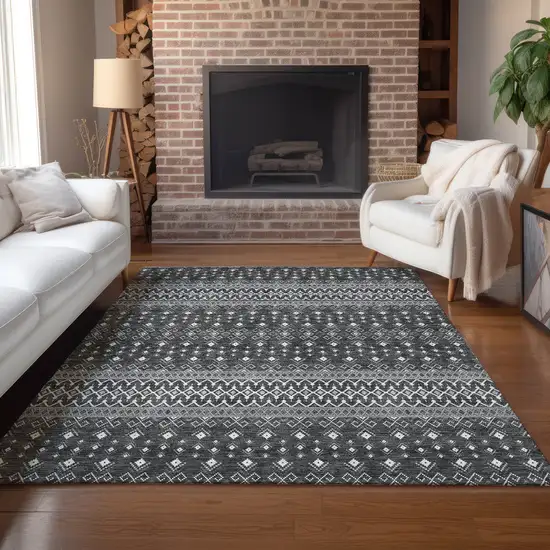 Gray Silver And Charcoal Tribal Washable Indoor Outdoor Area Rug Photo 9