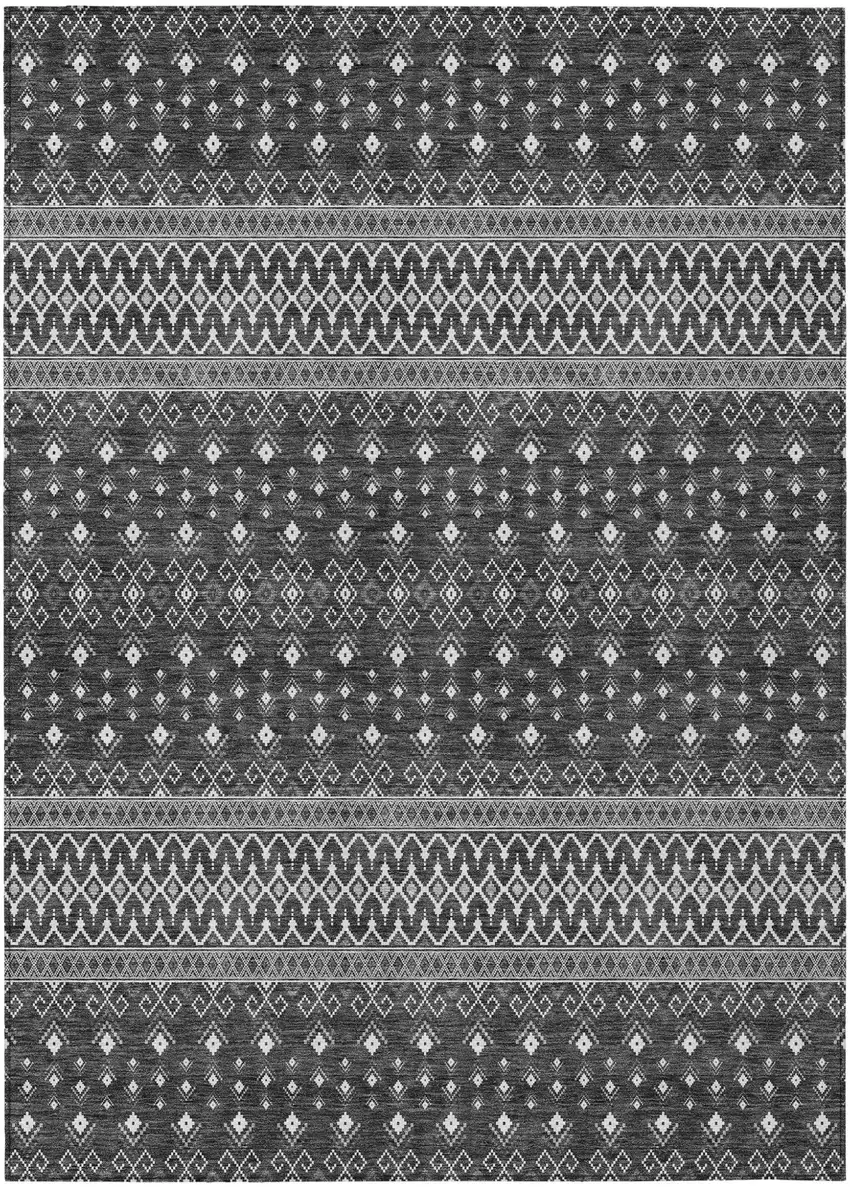 Gray Silver And Charcoal Tribal Washable Indoor Outdoor Area Rug Photo 1