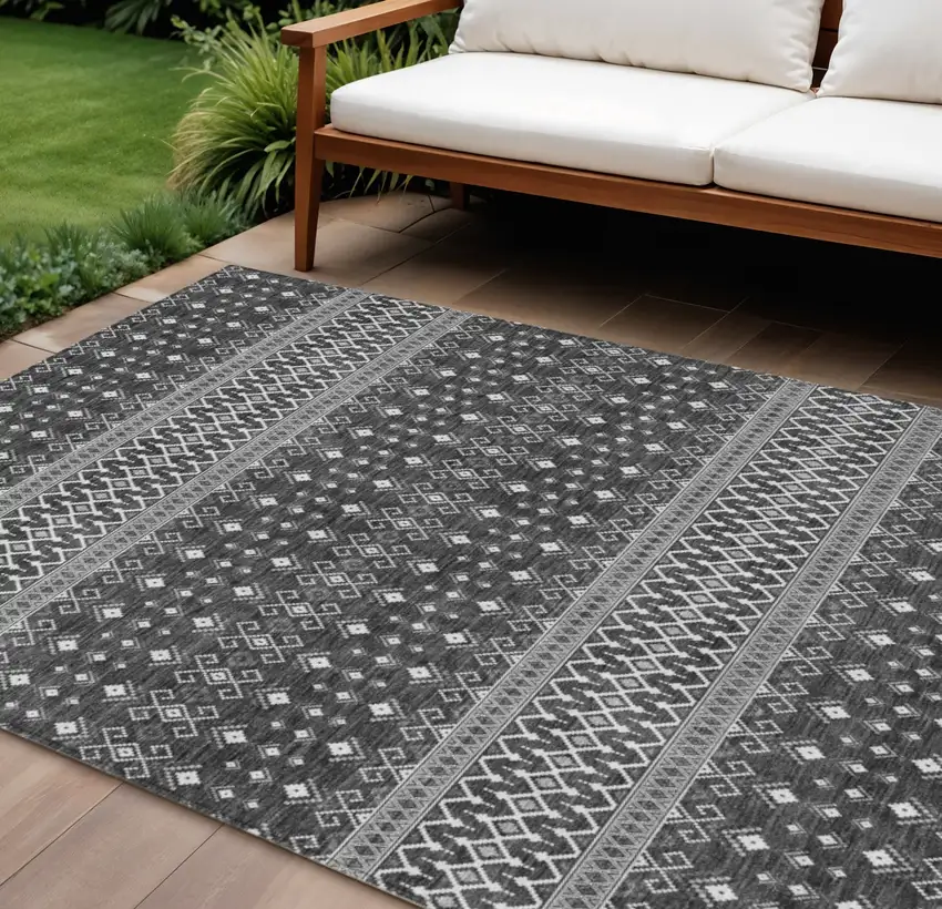 Gray Silver And Charcoal Tribal Washable Indoor Outdoor Area Rug Photo 1