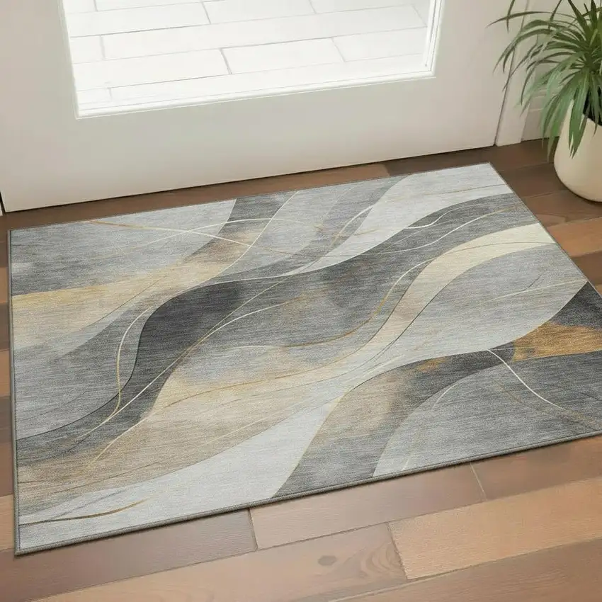 Gray Silver And Coral Abstract Washable Area Rug With UV Protection Photo 2