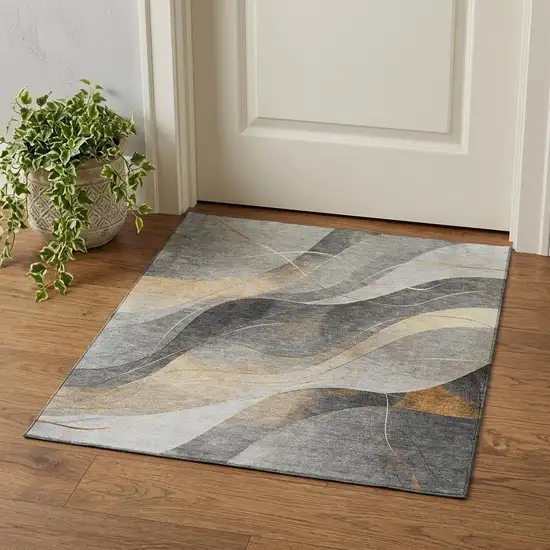 Gray Silver And Coral Abstract Washable Area Rug With UV Protection Photo 1