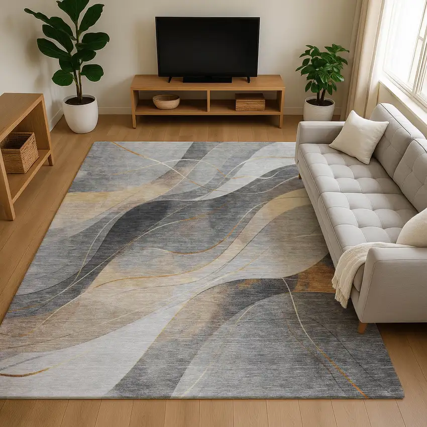 Gray Silver And Coral Abstract Washable Area Rug With UV Protection Photo 3