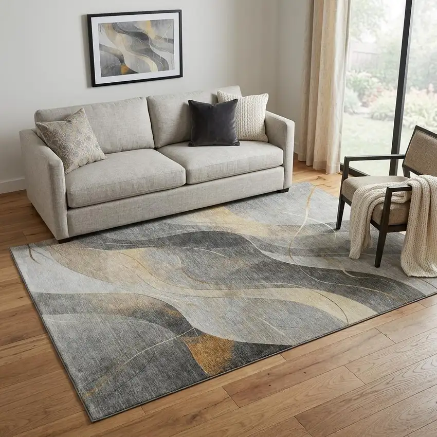Gray Silver And Coral Abstract Washable Area Rug With UV Protection Photo 1