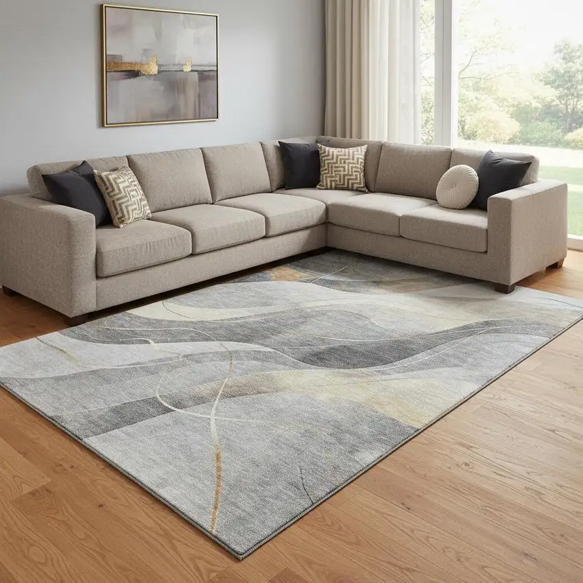 Gray Silver And Coral Abstract Washable Area Rug With UV Protection Photo 2