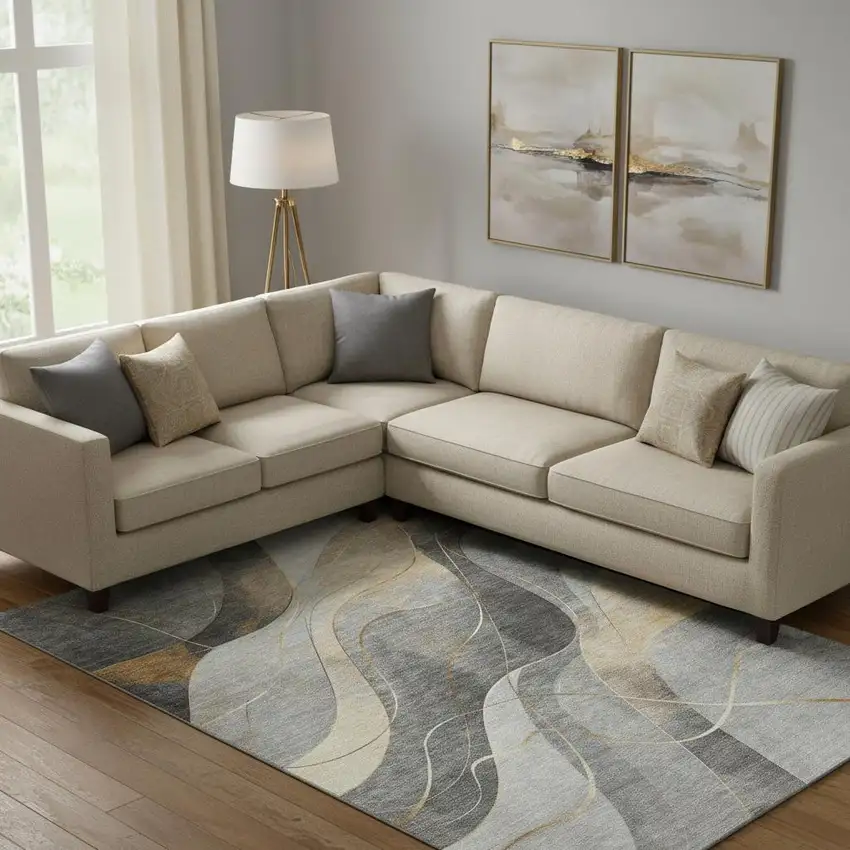 Gray Silver And Coral Abstract Washable Area Rug With UV Protection Photo 2