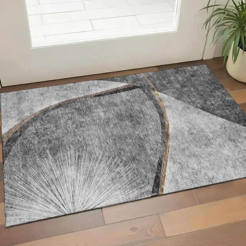 Gray Silver And Gold Abstract Washable Area Rug With UV Protection Photo 1