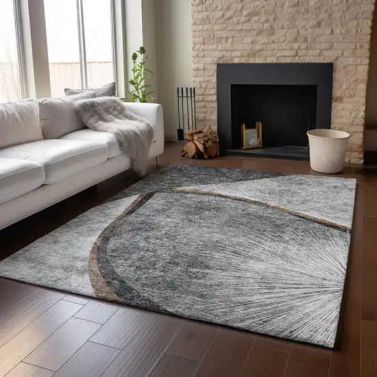 Gray Silver And Gold Abstract Washable Area Rug With UV Protection Photo 4