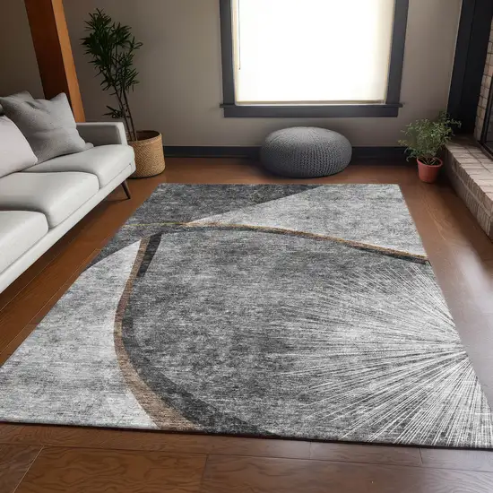 Gray Silver And Gold Abstract Washable Area Rug With UV Protection Photo 3