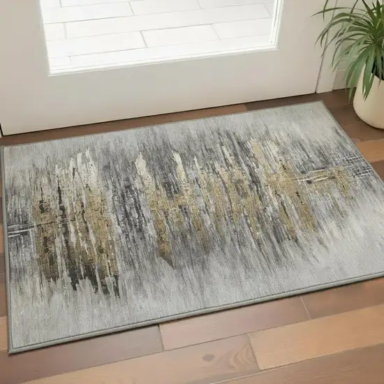 Gray Silver And Gold Abstract Washable Area Rug With UV Protection Photo 2