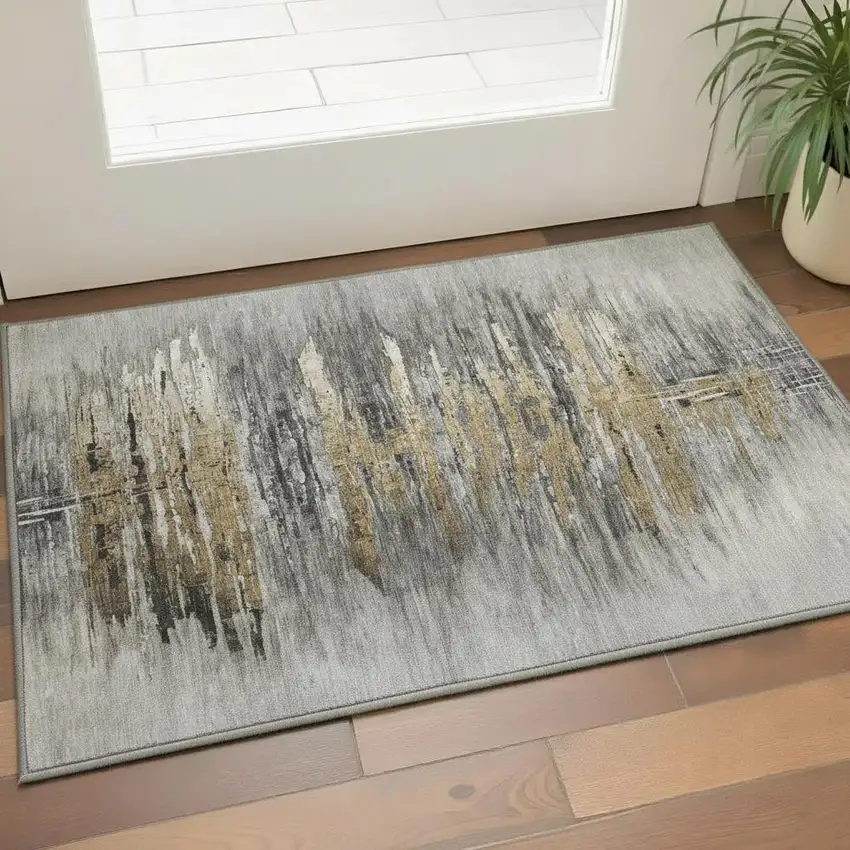 Gray Silver And Gold Abstract Washable Area Rug With UV Protection Photo 2