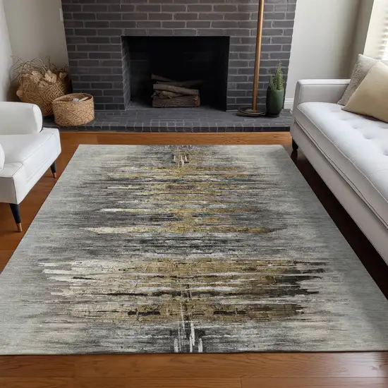 Gray Silver And Gold Abstract Washable Area Rug With UV Protection Photo 5