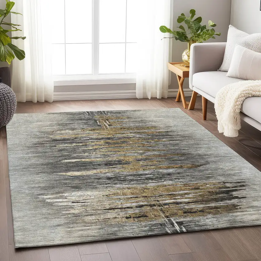 Gray Silver And Gold Abstract Washable Area Rug With UV Protection Photo 6