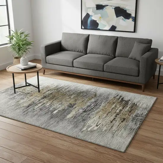 Gray Silver And Gold Abstract Washable Area Rug With UV Protection Photo 2