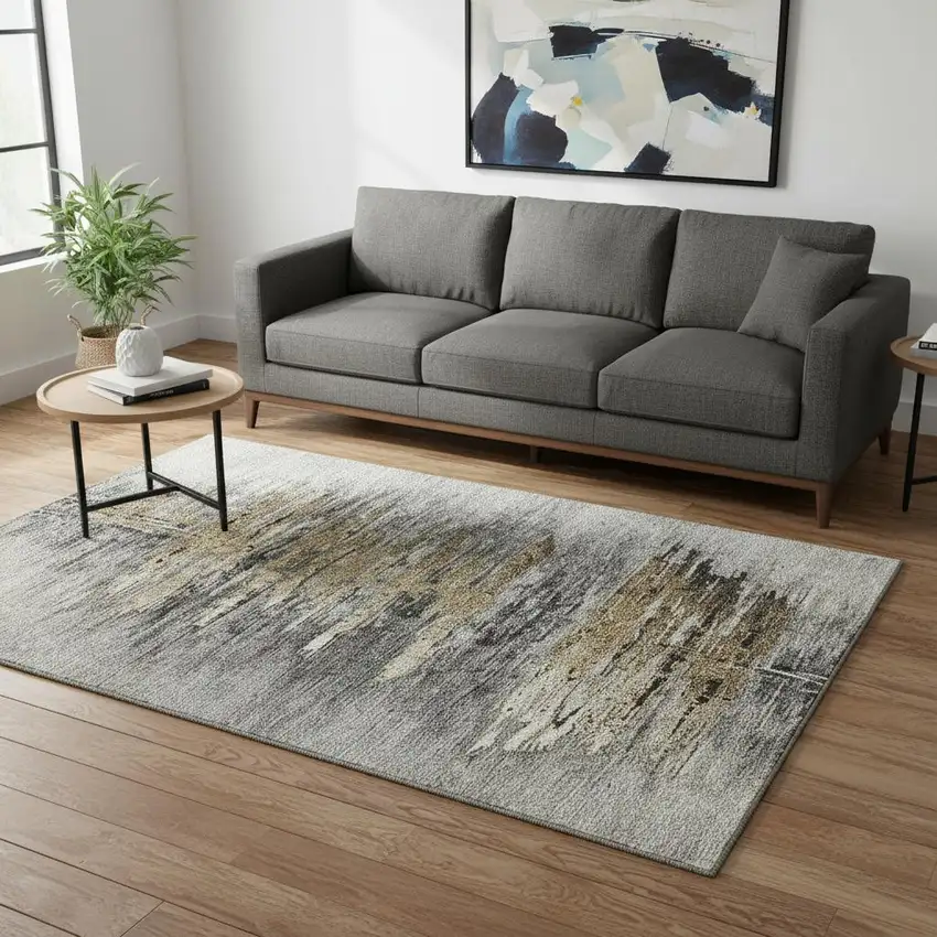 Gray Silver And Gold Abstract Washable Area Rug With UV Protection Photo 2