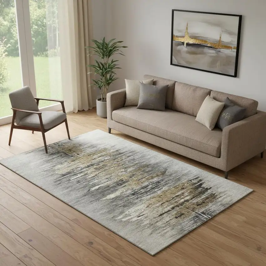 Gray Silver And Gold Abstract Washable Area Rug With UV Protection Photo 1