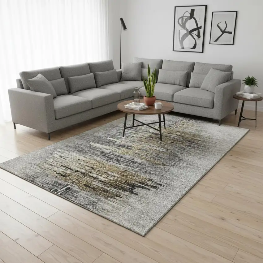 Gray Silver And Gold Abstract Washable Area Rug With UV Protection Photo 2