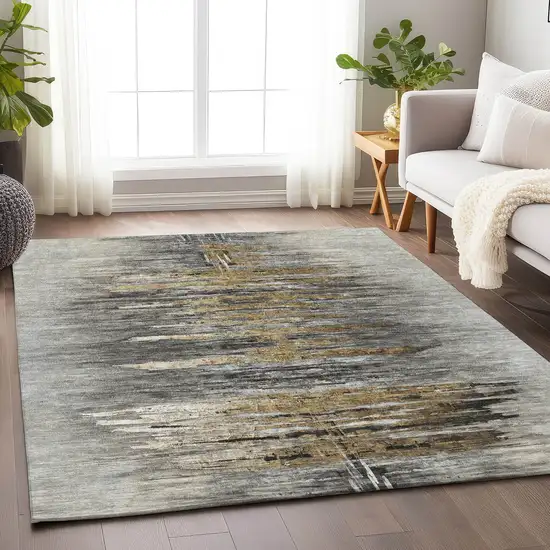 Gray Silver And Gold Abstract Washable Area Rug With UV Protection Photo 6