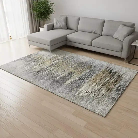 Gray Silver And Gold Abstract Washable Area Rug With UV Protection Photo 2