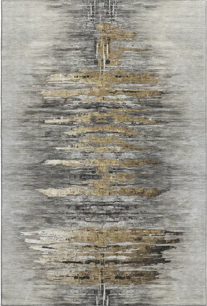 Gray Silver And Gold Abstract Washable Area Rug With UV Protection Photo 1