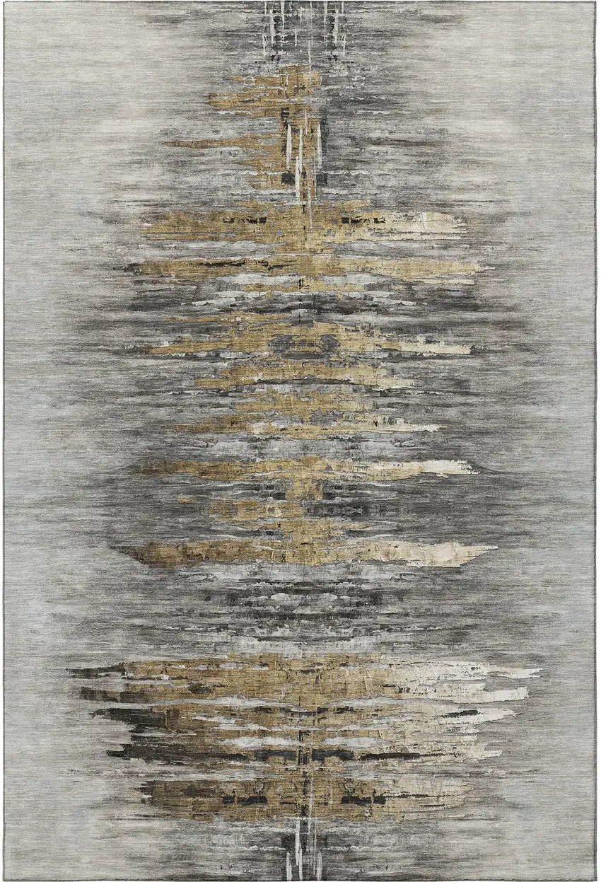 Gray Silver And Gold Abstract Washable Area Rug With UV Protection Photo 4