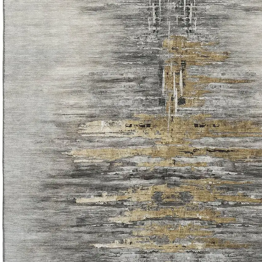 Gray Silver And Gold Abstract Washable Area Rug With UV Protection Photo 3