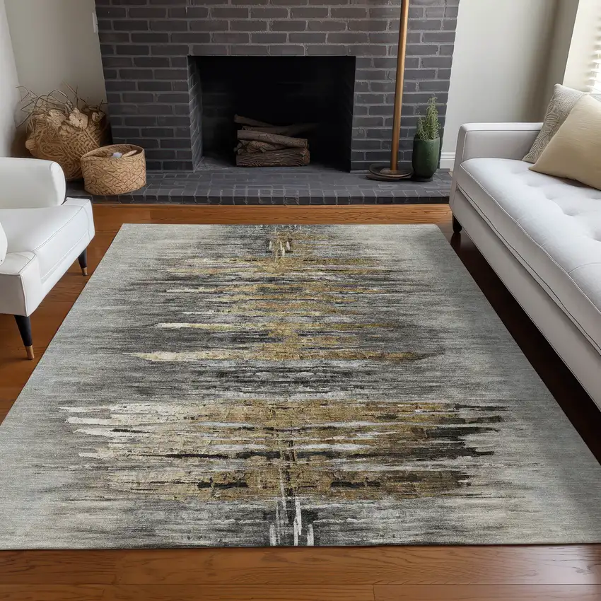 Gray Silver And Gold Abstract Washable Area Rug With UV Protection Photo 5