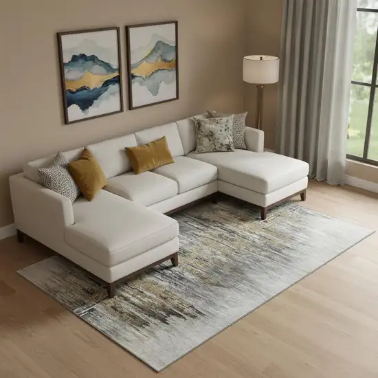 Gray Silver And Gold Abstract Washable Area Rug With UV Protection Photo 1