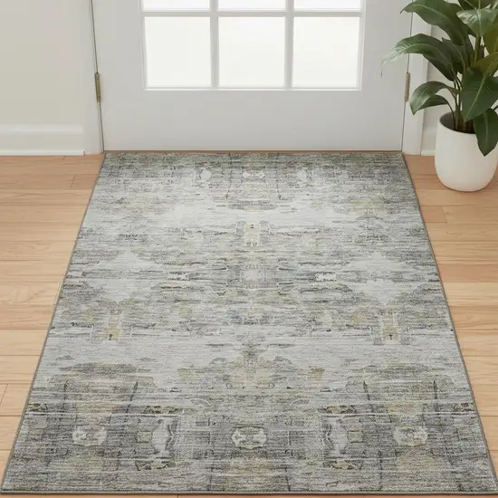 Gray Silver And Gold Abstract Washable Area Rug With UV Protection Photo 2