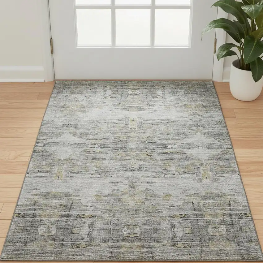 Gray Silver And Gold Abstract Washable Area Rug With UV Protection Photo 2