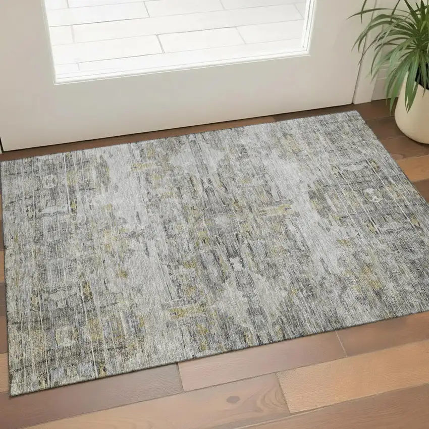 Gray Silver And Gold Abstract Washable Area Rug With UV Protection Photo 1