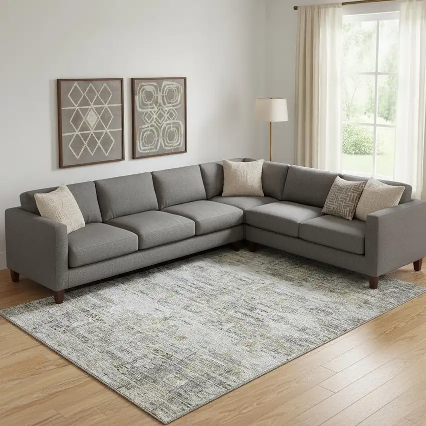 Gray Silver And Gold Abstract Washable Area Rug With UV Protection Photo 2